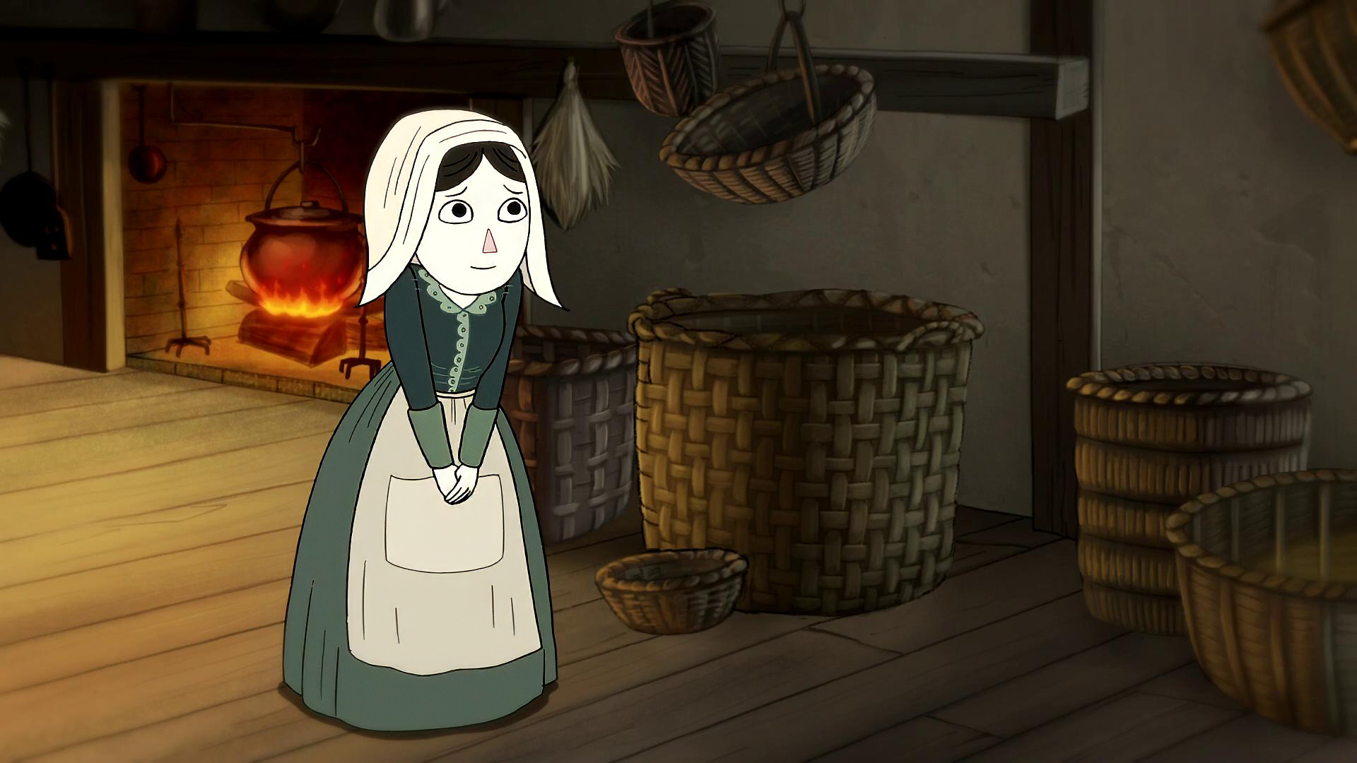 HD wallpaper featuring a character from the TV show Over the Garden Wall, standing in a rustic room with a fireplace and baskets.