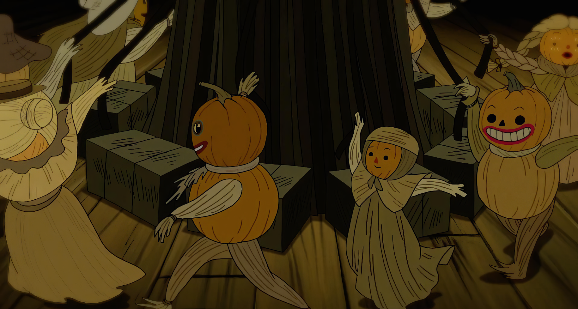 Over the Garden Wall characters dancing in a Halloween-themed scene wallpaper.