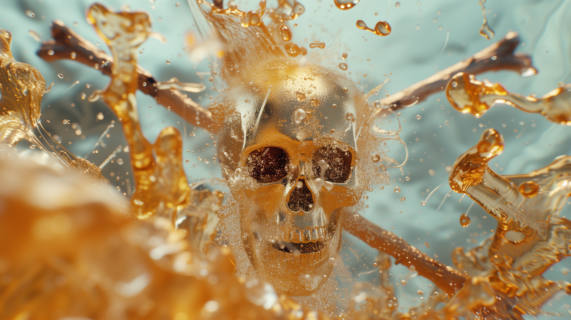 HD wallpaper of a skull and crossbones immersed in splashing liquid with a vivid orange backdrop.