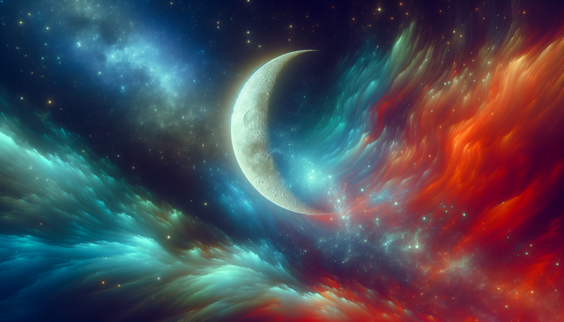 Crescent moon shining amidst vibrant cosmic clouds in a HD space-themed desktop wallpaper and background.