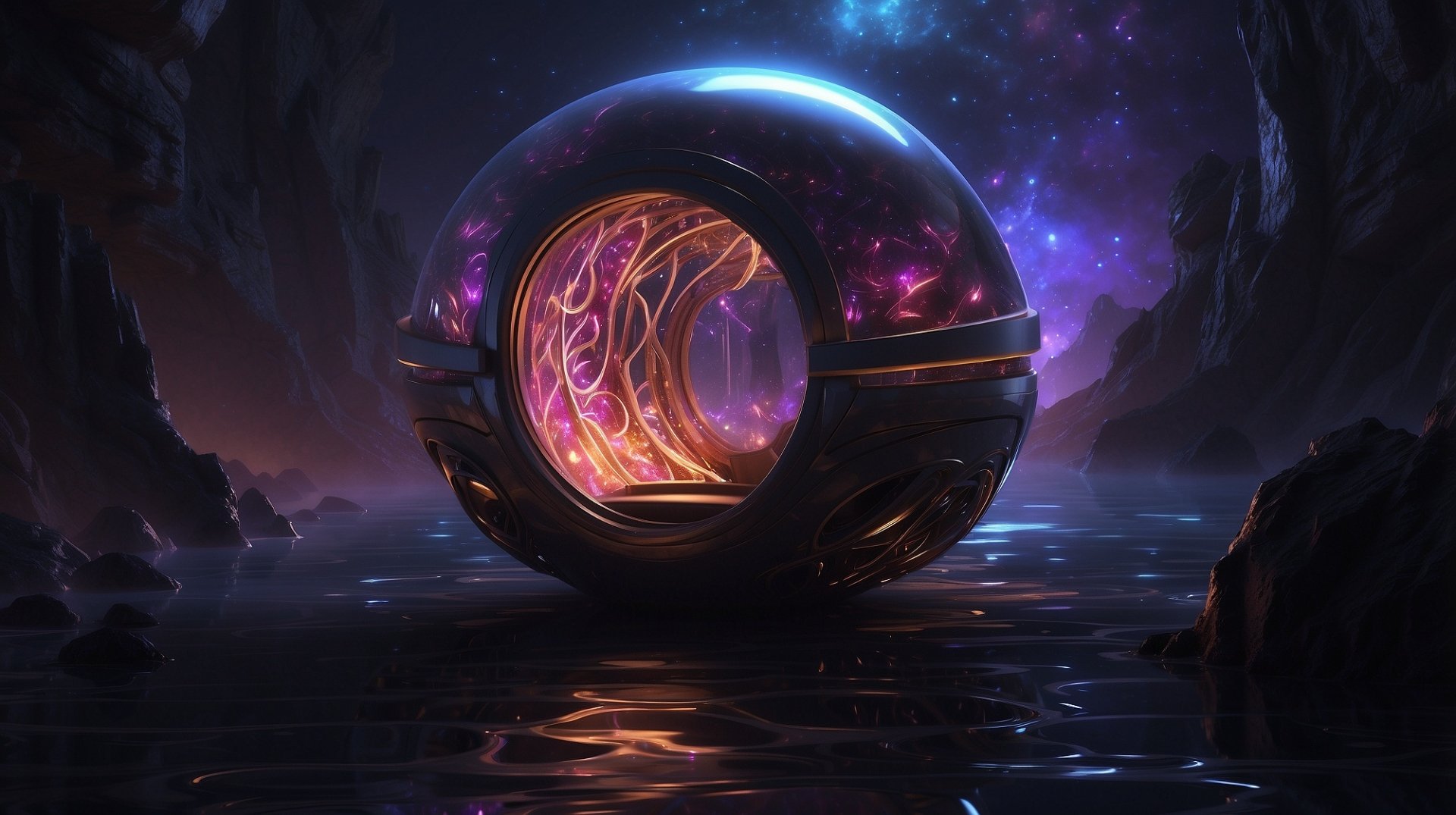 HD PC desktop wallpaper featuring a colorful, glowing egg-shaped structure with intricate light patterns, set against a dark, mystical landscape.