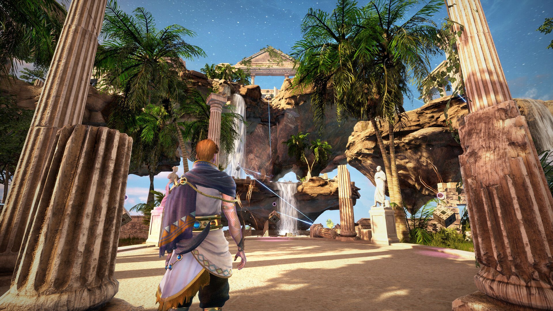HD desktop wallpaper of Islands of Insight video game featuring a character observing a breathtaking ancient ruins landscape with a cascading waterfall.