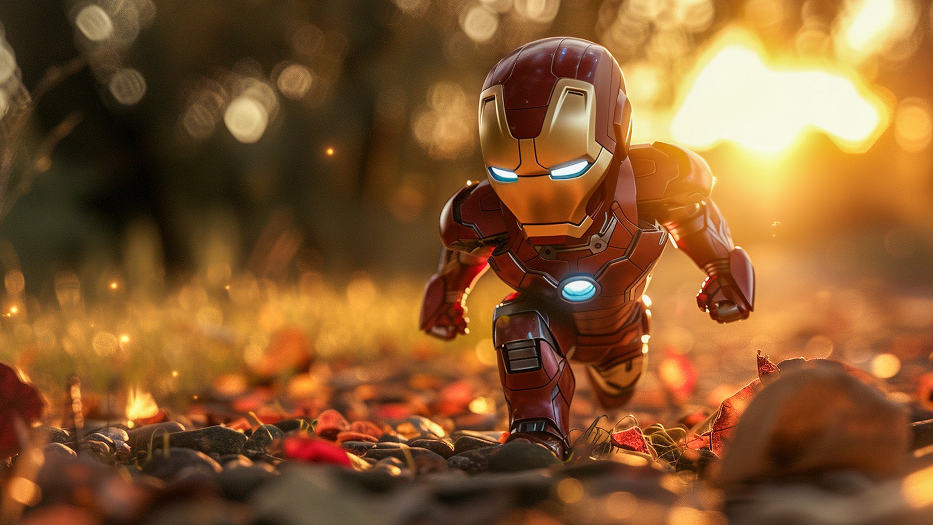 Chibi-style Iron Man superhero in a dynamic pose against a warm, sunlit background, presented as a HD desktop wallpaper.