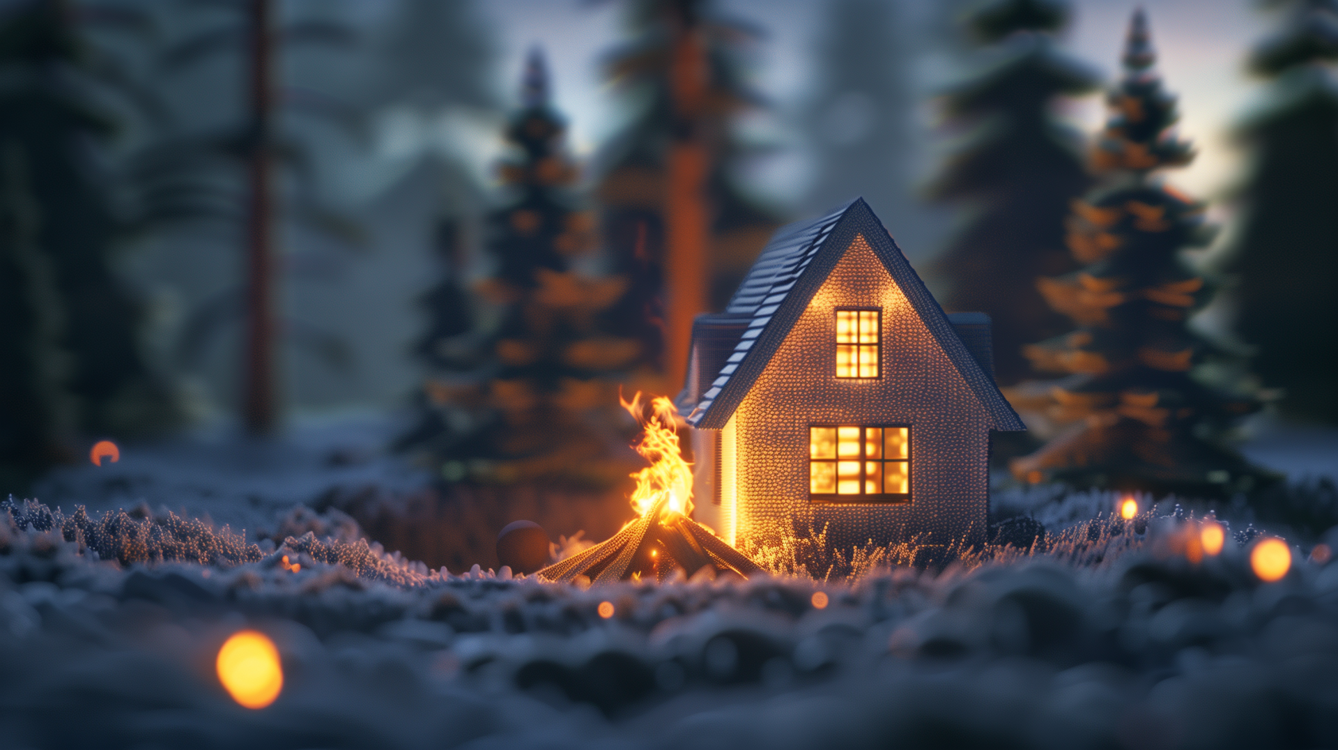A cozy cabin with lit windows is nestled in a snowy landscape at twilight, with a warm bonfire glowing in the foreground, all depicted in a high-definition desktop wallpaper.