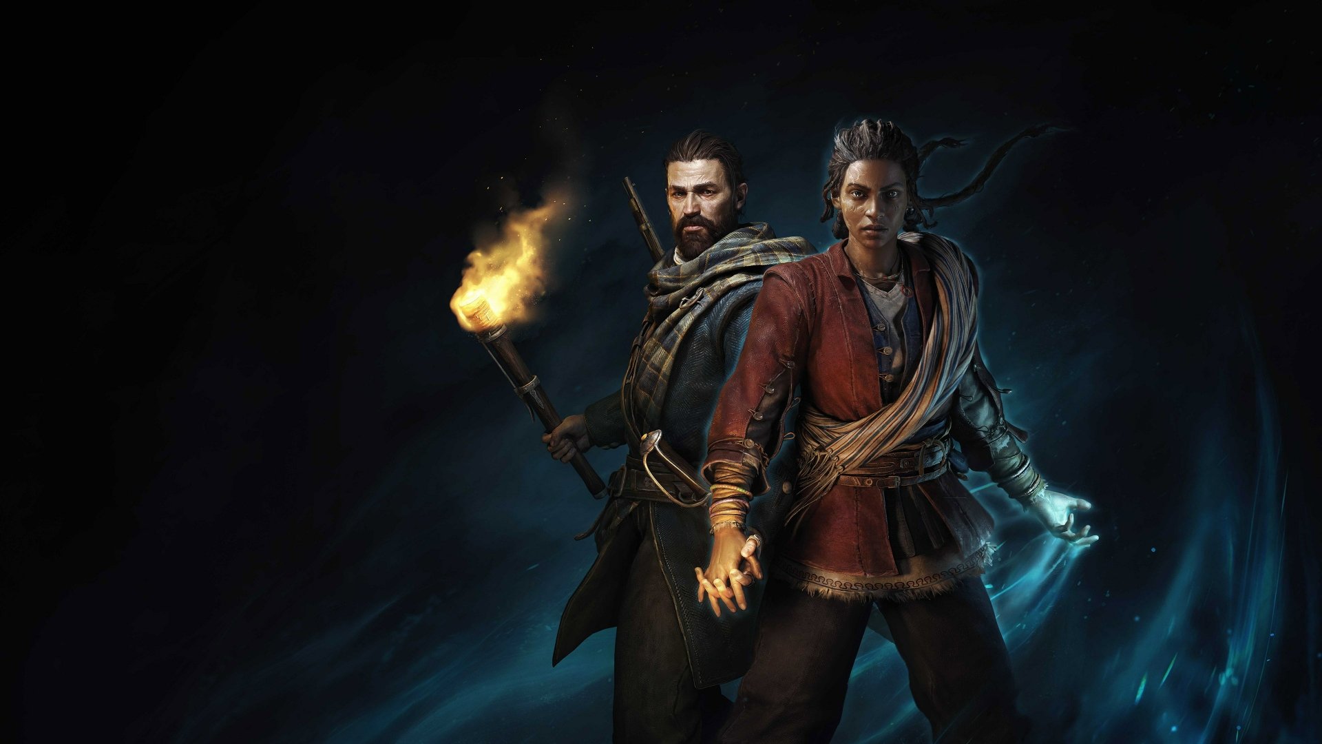 HD wallpaper of two characters from the video game Banishers: Ghosts of New Eden, with a dark, mystical background, featuring a man holding a torch and a woman with a glowing effect around her.