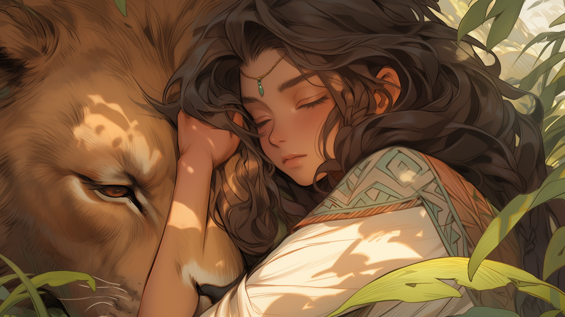 HD PC desktop wallpaper featuring AI art of a girl peacefully resting beside a lion, bathed in warm light with soft shadows and natural elements surrounding them.