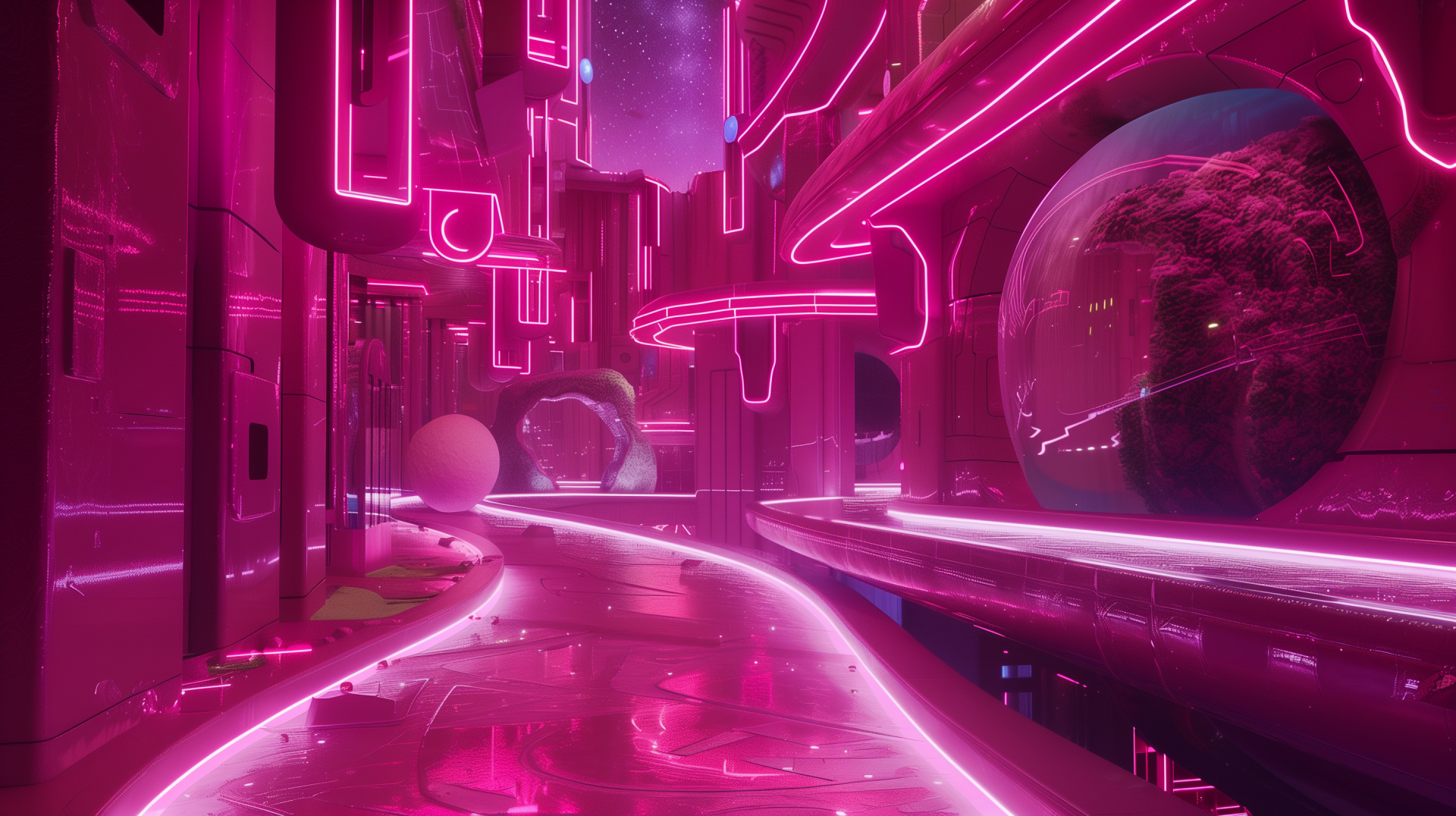 HD wallpaper featuring a pink sci-fi cityscape with futuristic elements and neon lights for a desktop background with an aesthetic pink vibe.