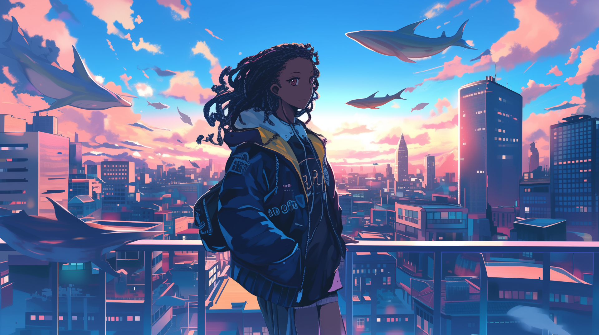 HD anime wallpaper featuring a black anime girl with a stunning cityscape and flying whales at sunset in the background.