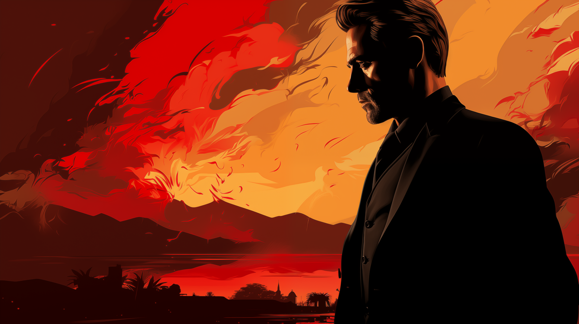 HD desktop wallpaper featuring a stylized illustration of a James Bond-like character in silhouette against a dramatic red and orange sky.