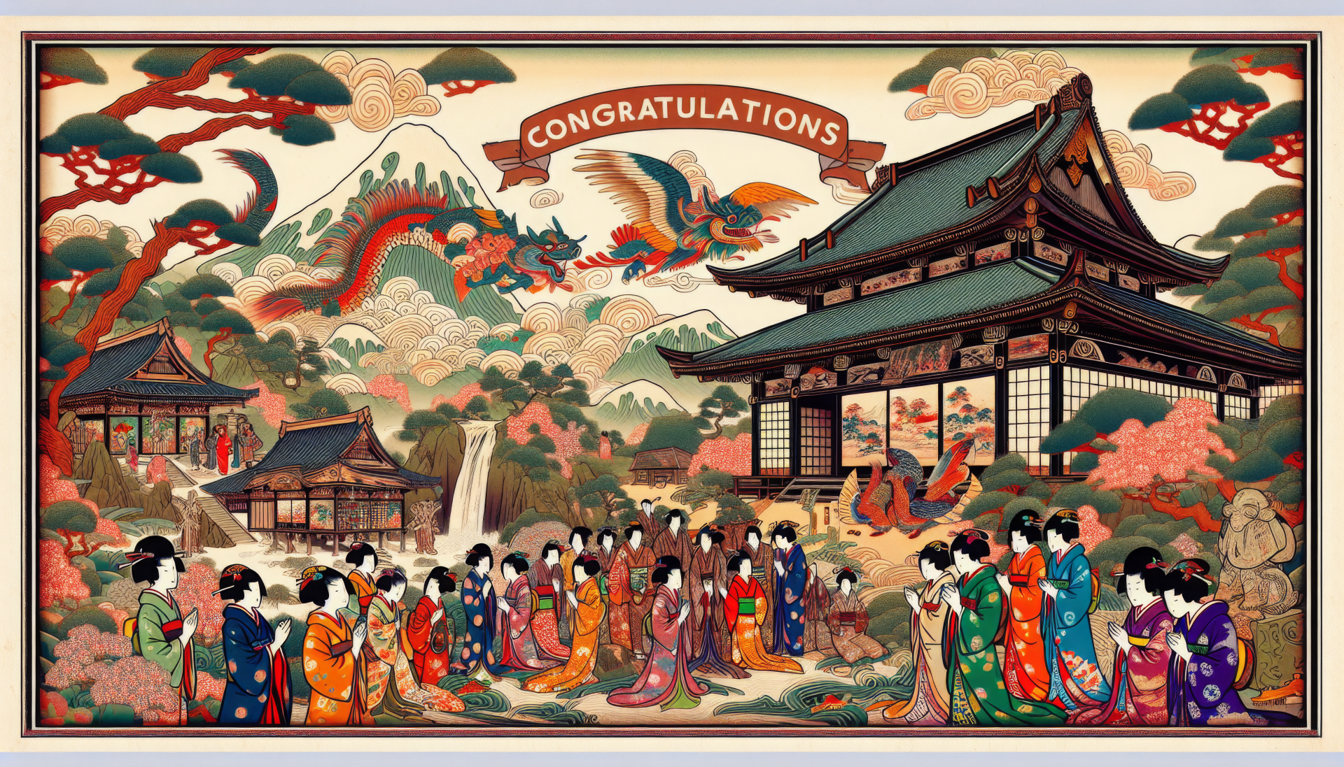 HD desktop wallpaper featuring a traditional Japanese celebration scene with CONGRATULATIONS text for a festive background.