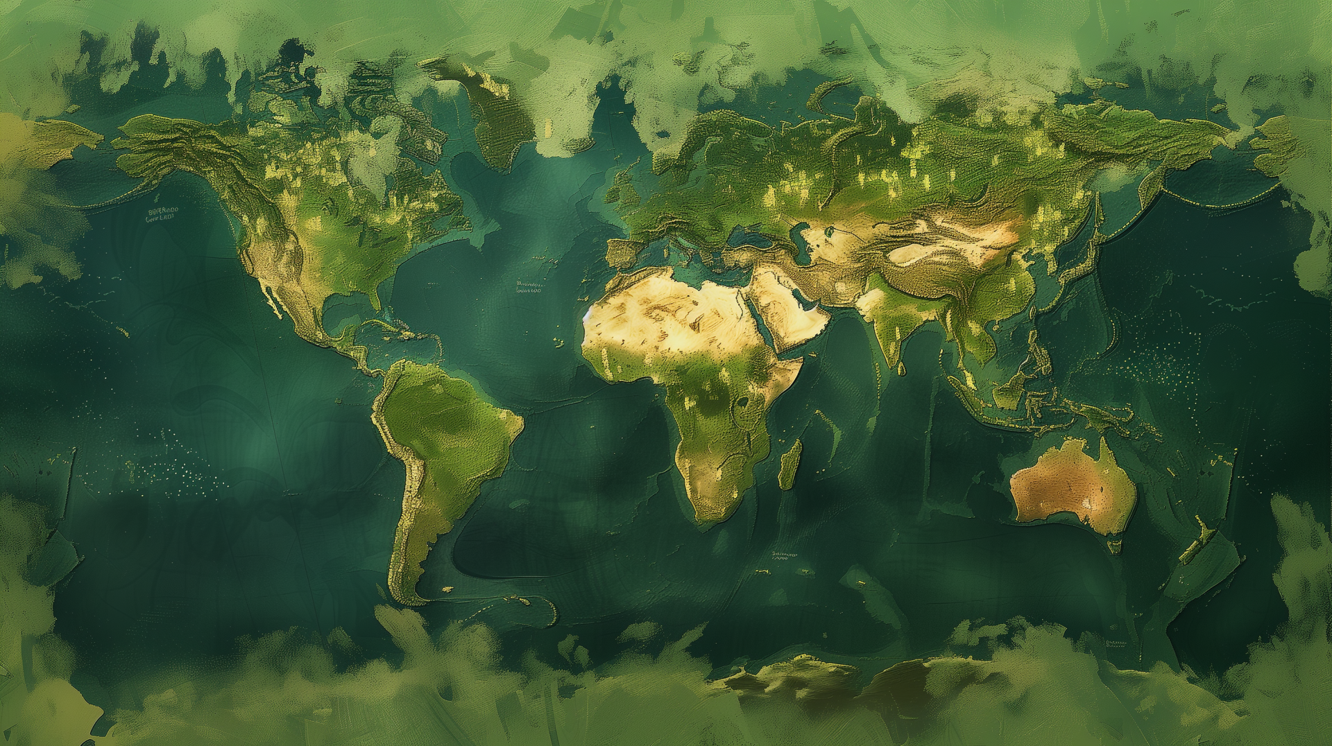High-definition world map desktop wallpaper with a textured, artistic background design.