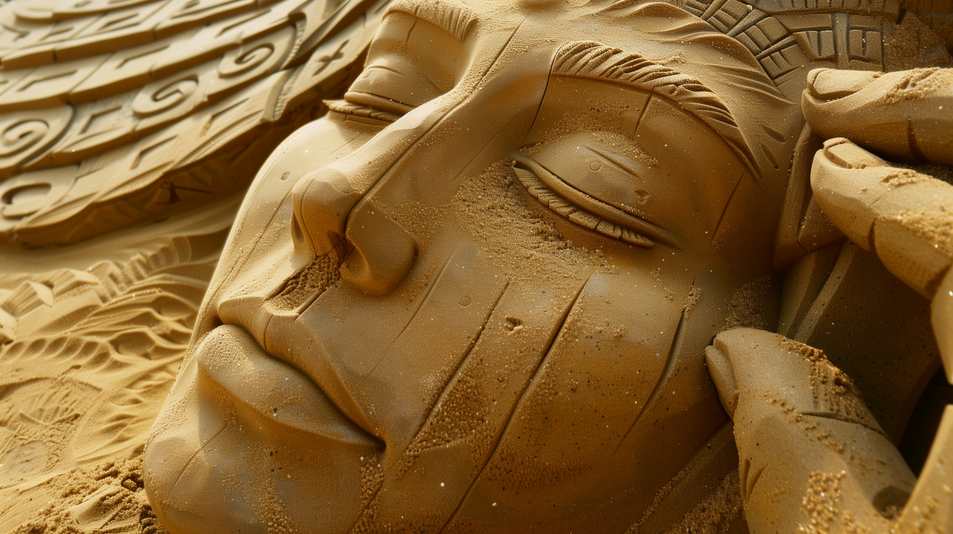 HD desktop wallpaper featuring detailed sand art of a serene face, exemplifying masterful sculpting skills.