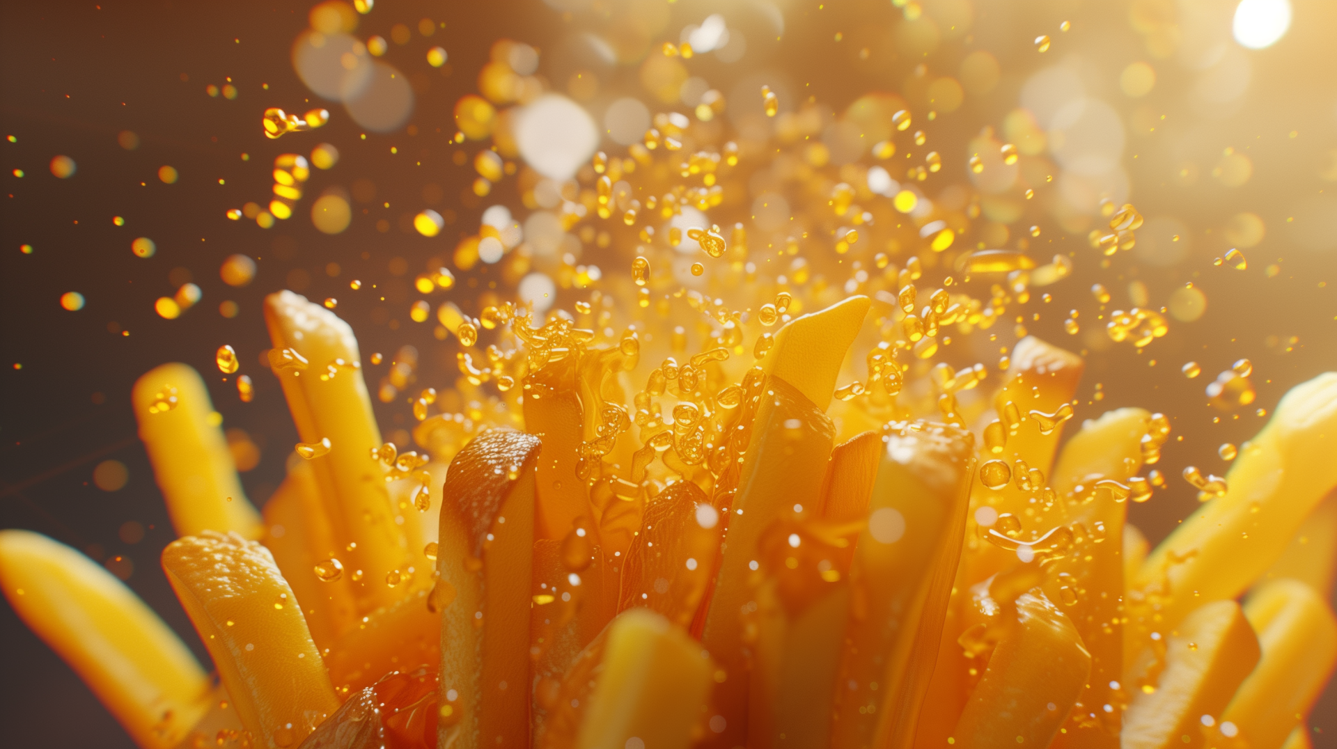 HD wallpaper of golden french fries with sparkling oil droplets, embodying enticing junk food for desktop background.