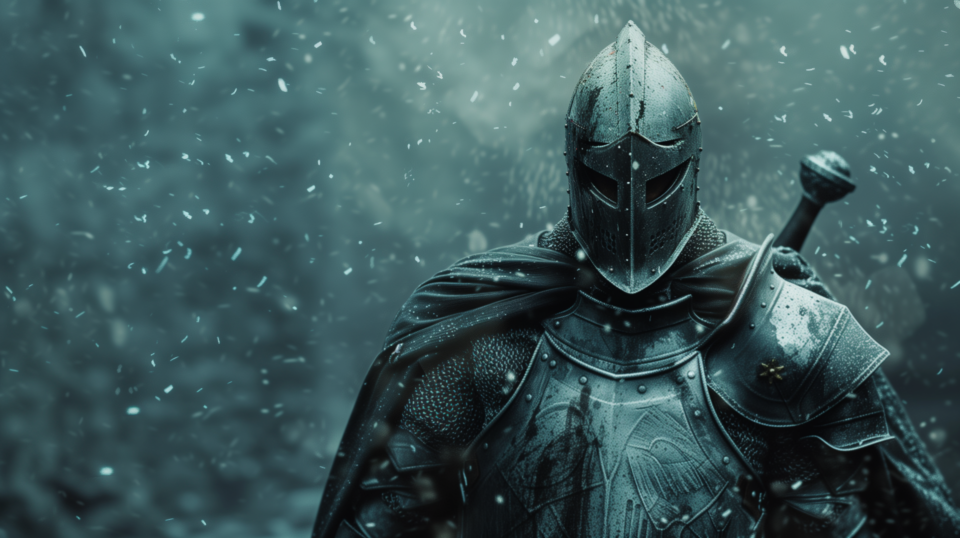 A fantasy knight clad in intricate armor stands heroically amidst a snowy backdrop, creating a captivating HD desktop wallpaper for fantasy enthusiasts.