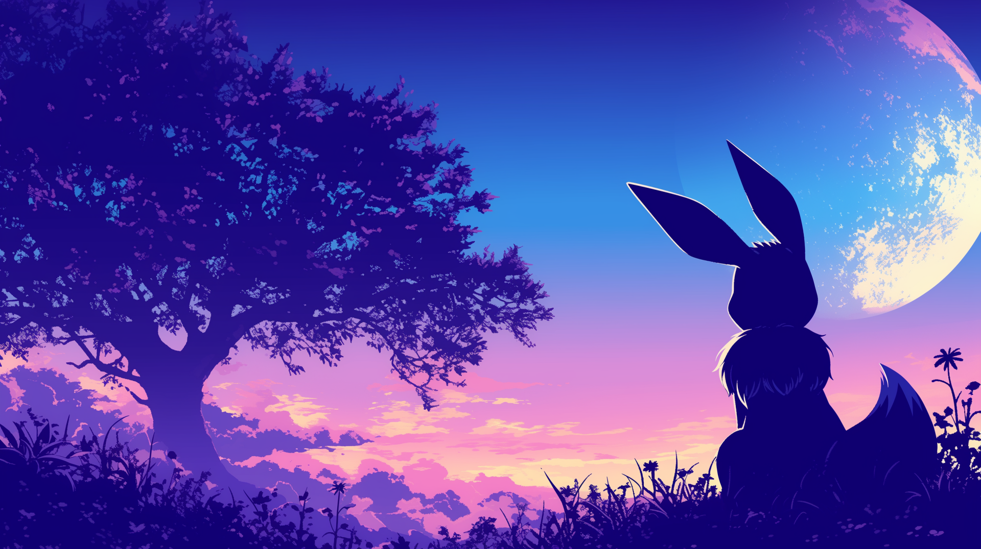 HD desktop wallpaper featuring the silhouette of Eevee from Pokémon against a vibrant twilight sky with a tree.