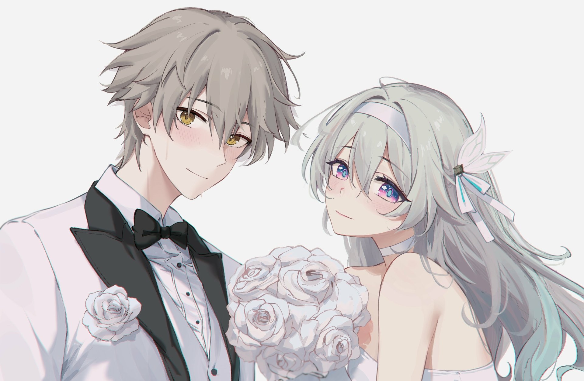 4K Ultra HD PC wallpaper featuring Firefly and Caelus from Honkai: Star Rail, showcasing both characters dressed elegantly with soft, detailed artwork.