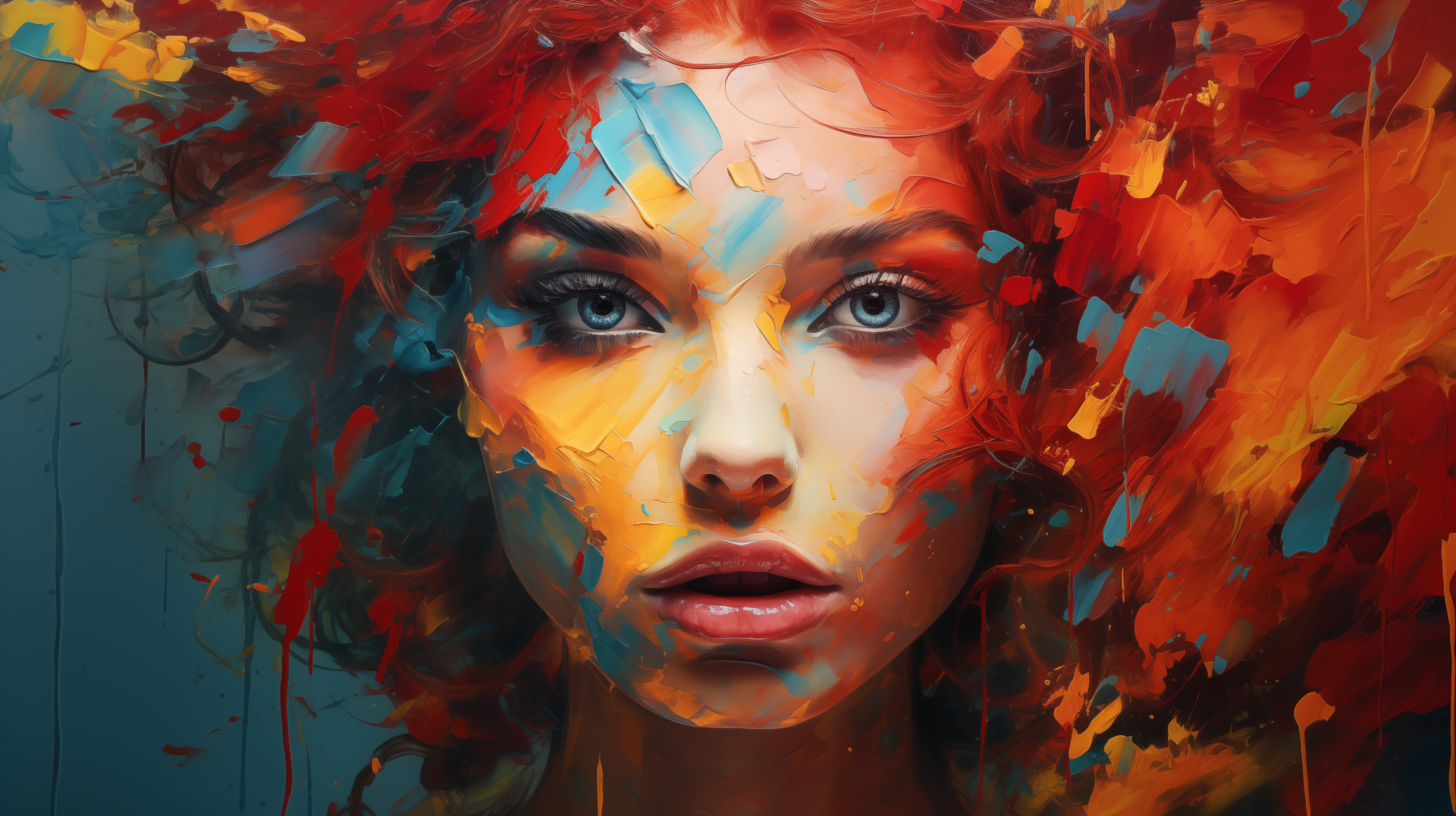 A vibrant HD wallpaper featuring a woman's face with bold, textured colors of red, blue, and orange, creating a striking and artistic background.