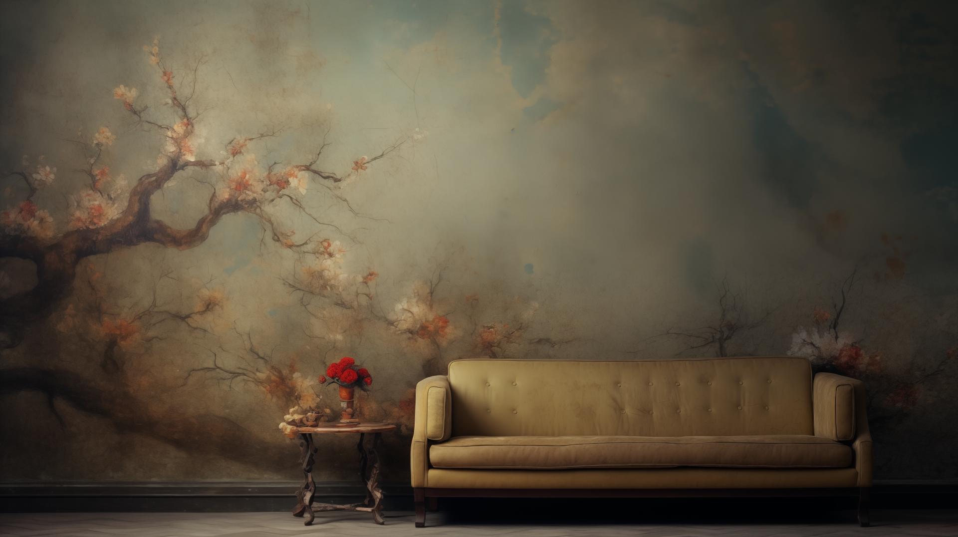 Elegant HD desktop wallpaper featuring a vintage room with a tan leather couch and a classic side table against an artistic mural wall with flowering branches.