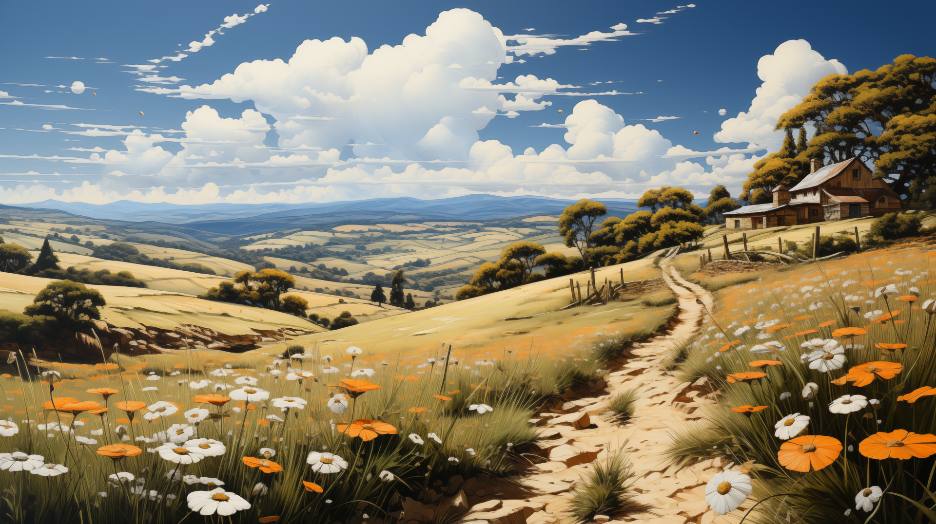 Sunny landscape HD wallpaper featuring a scenic countryside view with rolling hills, a pathway, vibrant wildflowers, and fluffy clouds against a clear blue sky.