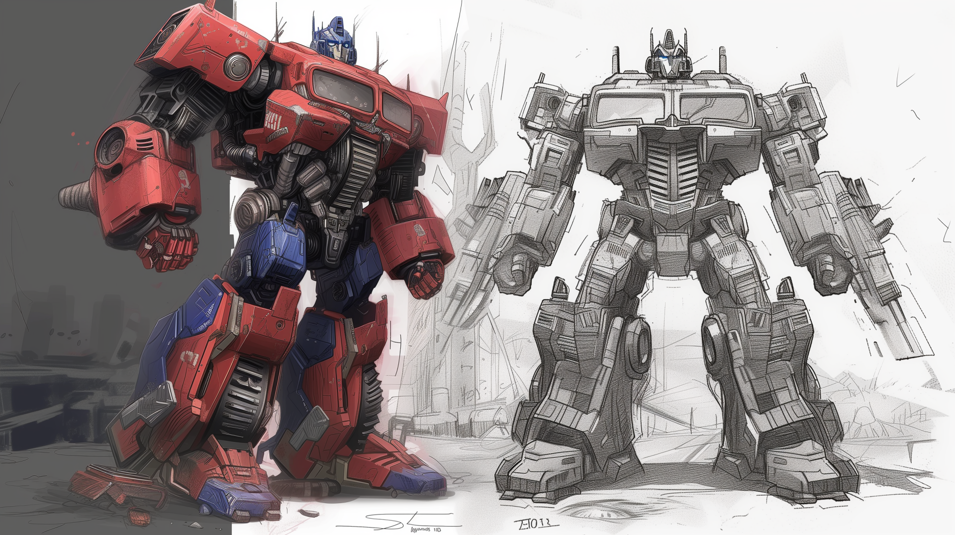 A striking HD comic wallpaper featuring Optimus Prime, showcasing a detailed sketch alongside the vibrant depiction of this iconic Transformers character.