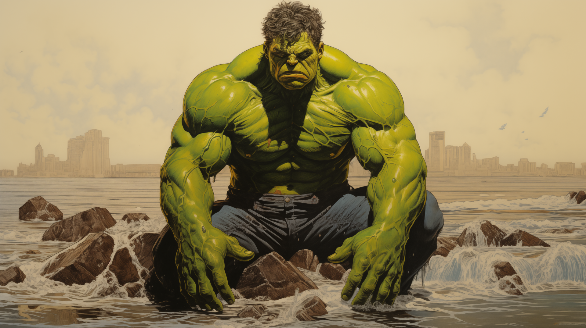 HD wallpaper of Hulk from Marvel Comics, sitting amidst rocks with a city skyline in the background.