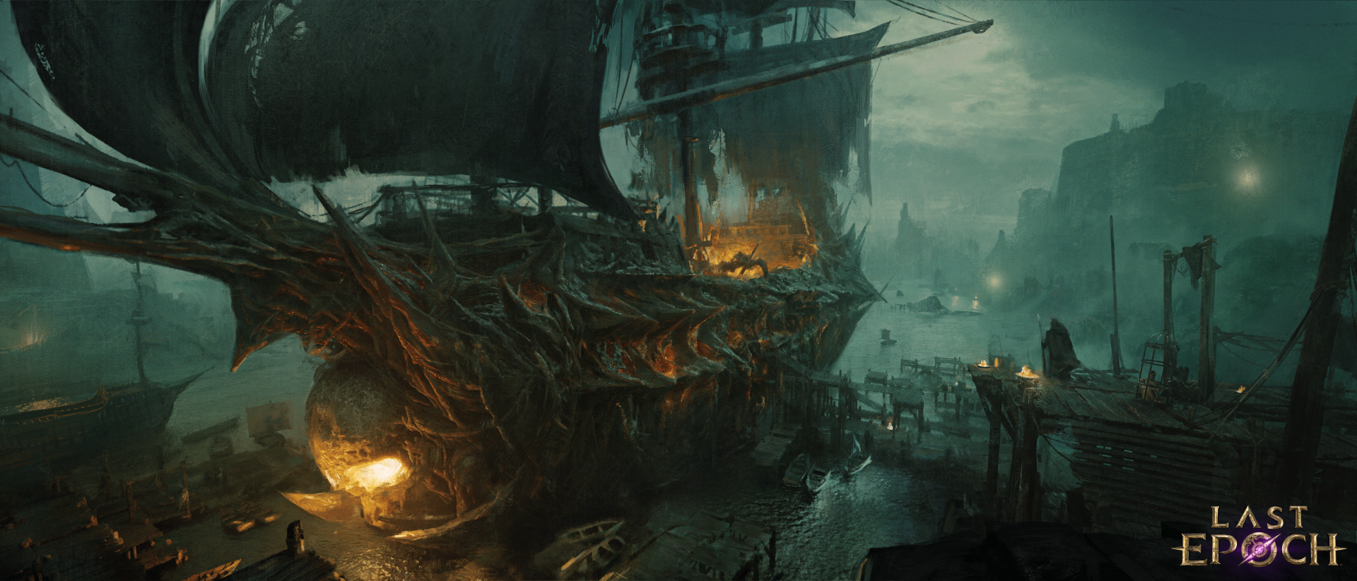 HD desktop wallpaper featuring a pirate ship from the video game Last Epoch, set against a moody, atmospheric backdrop.