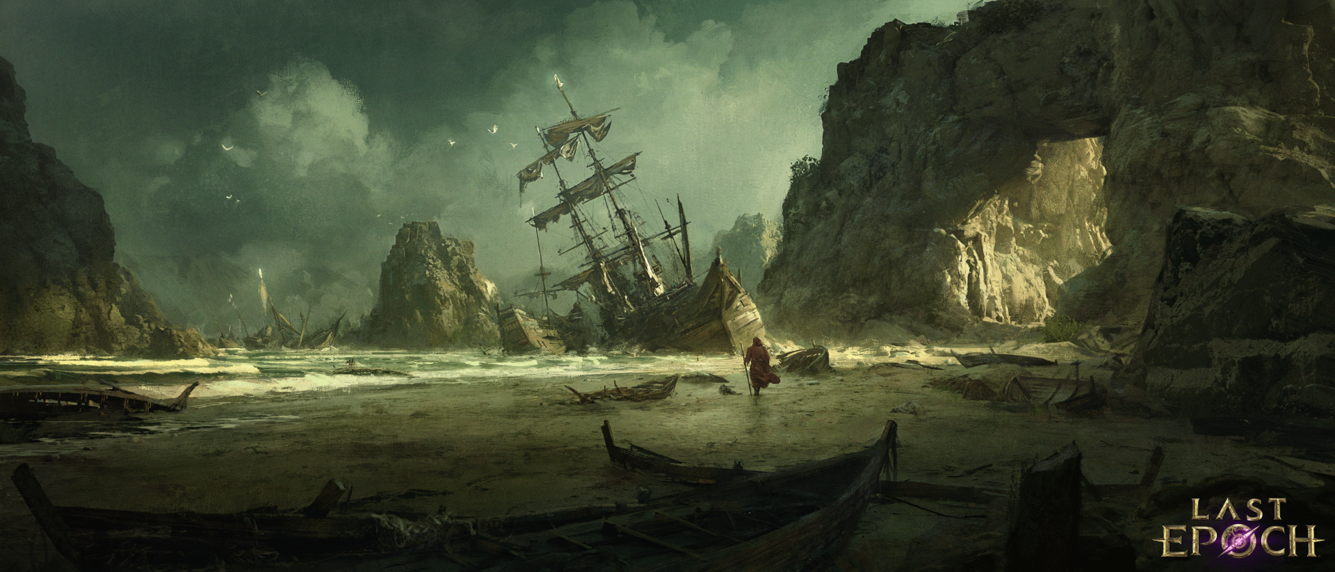 HD wallpaper of a shipwreck scene from the video game Last Epoch, suitable as a desktop background.