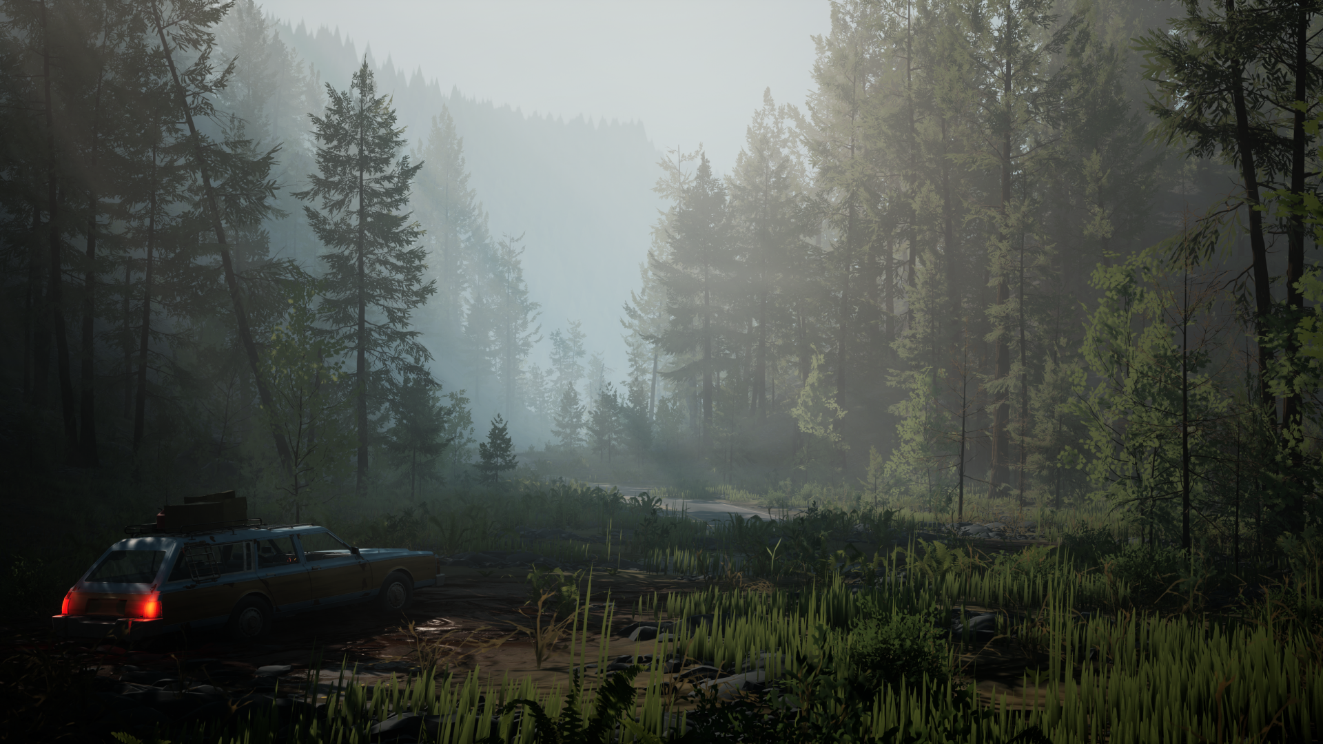 HD desktop wallpaper featuring a serene forest scene from the video game Pacific Drive with a car in the forefront amidst sunlit trees and grass.