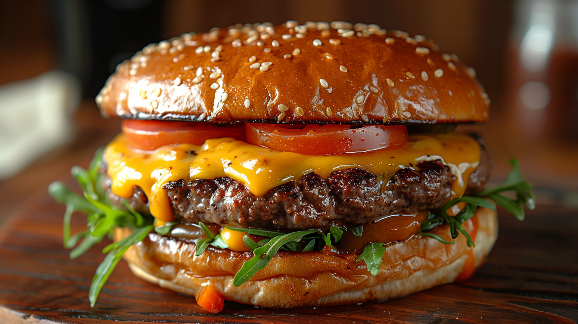 HD wallpaper of a juicy cheeseburger with fresh toppings for desktop background.