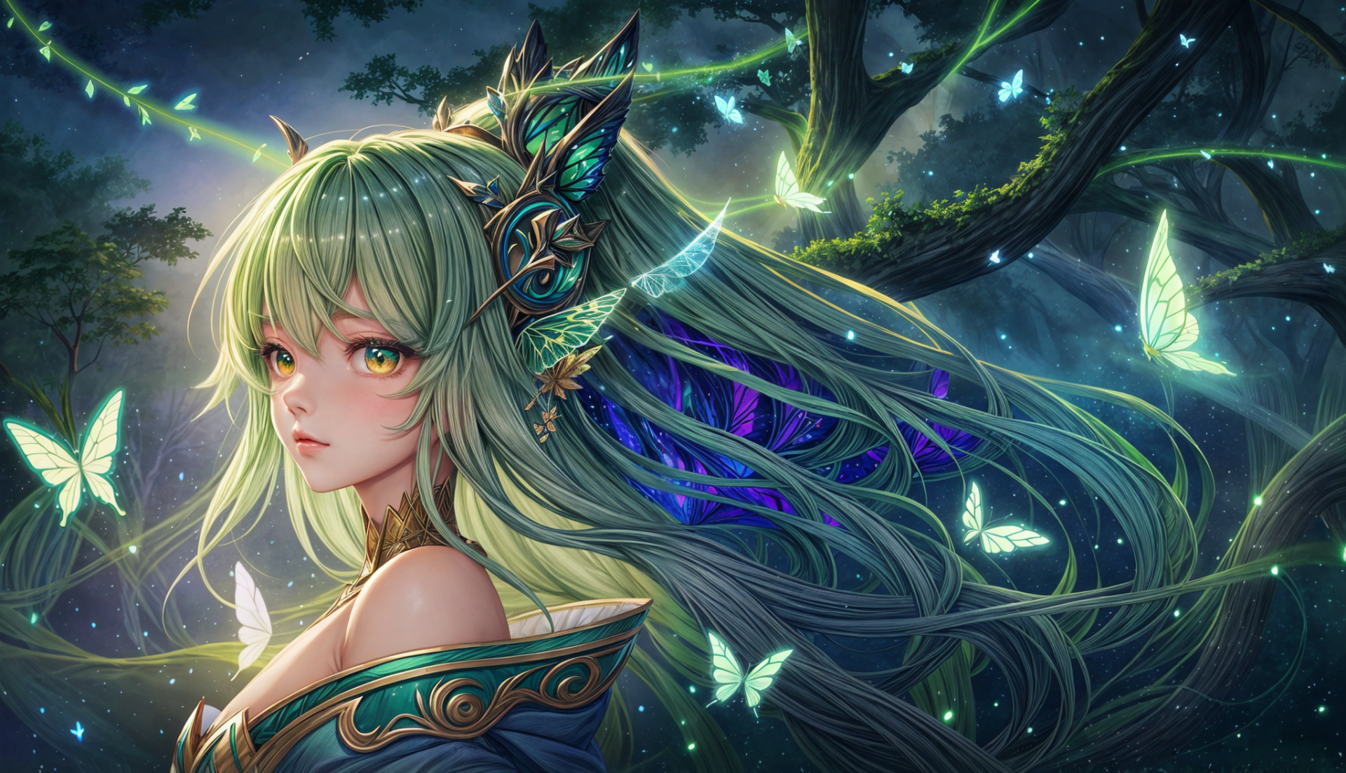 HD anime desktop wallpaper featuring a green-haired Butterfly Girl surrounded by glowing butterflies in a mystical forest setting.