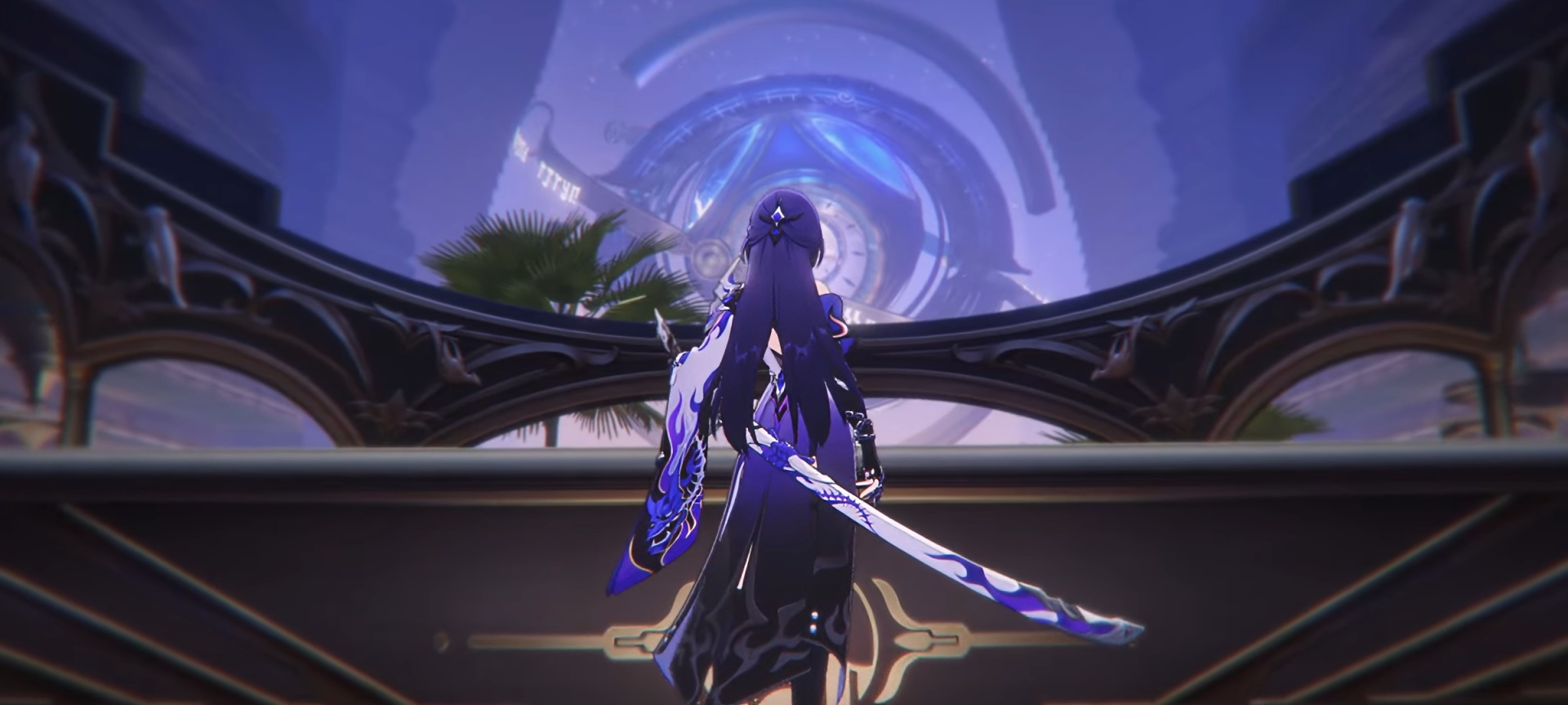 HD desktop wallpaper featuring the character Acheron from the video game Honkai: Star Rail, set against a futuristic backdrop with neon accents.