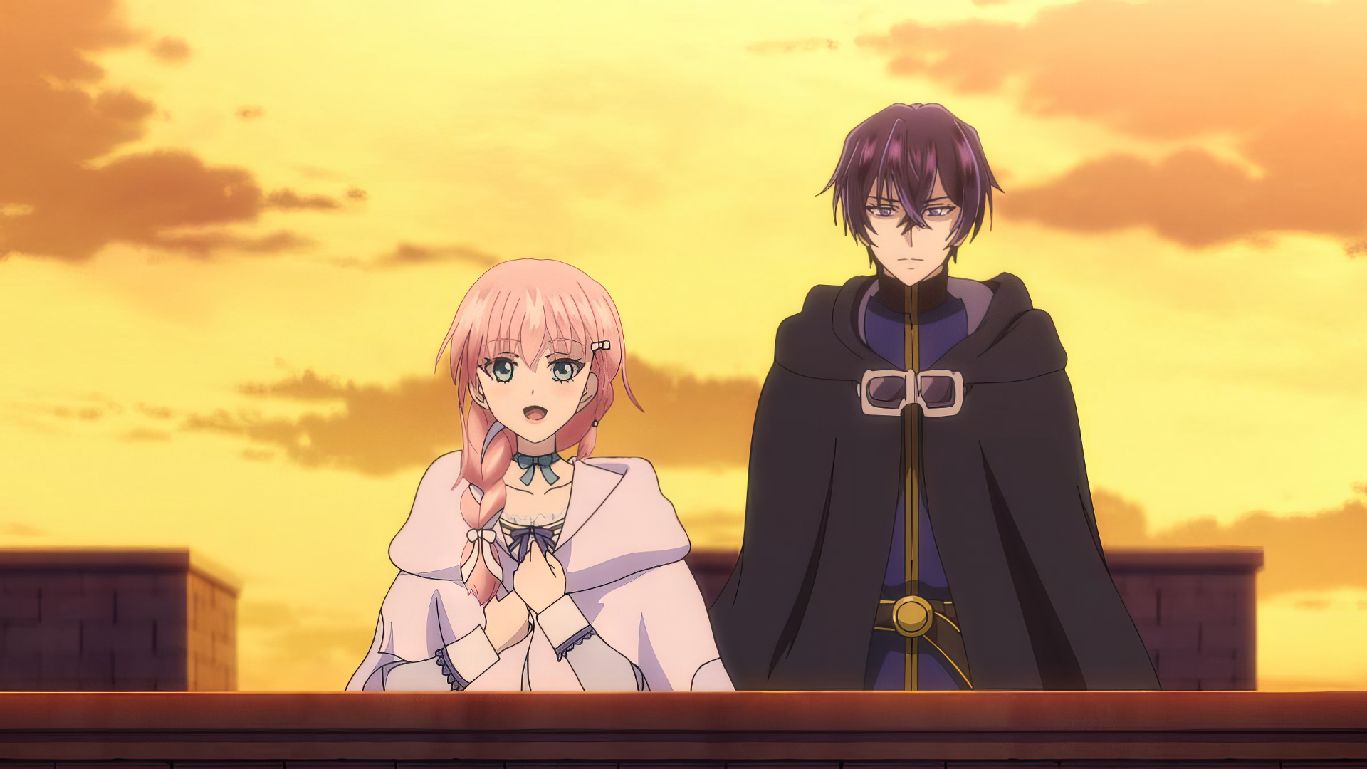 HD Anime wallpaper featuring characters Rishe Irmgard Weitzner and Arnold Hein from '7th Time Loop: The Villainess Enjoys a Carefree Life Married to Her Worst Enemy!' set against a sunset backdrop.