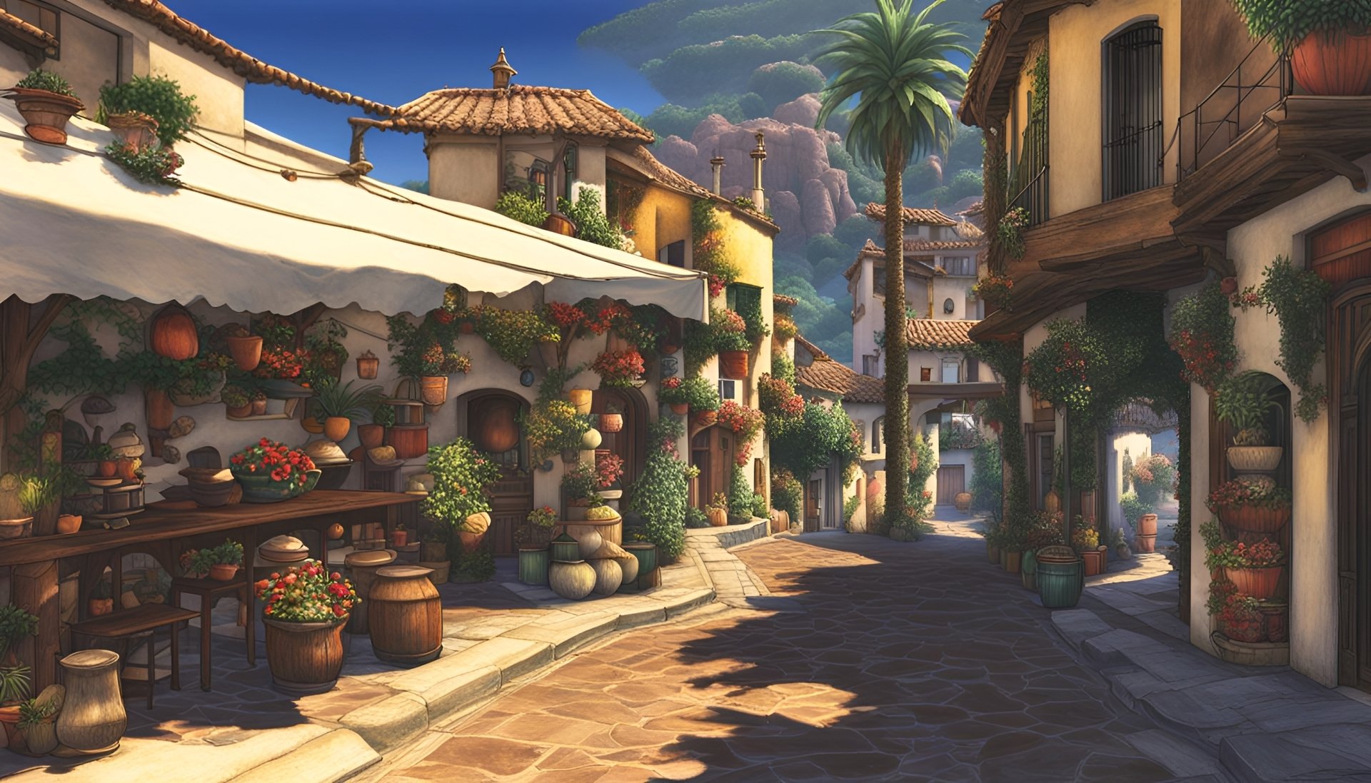 AI Art — Final Fantasy VII Rebirth 2K Quad HD PC wallpaper: sunlit Mediterranean village street with market stalls, flower pots, a palm tree and a distant mountain under a clear blue sky.