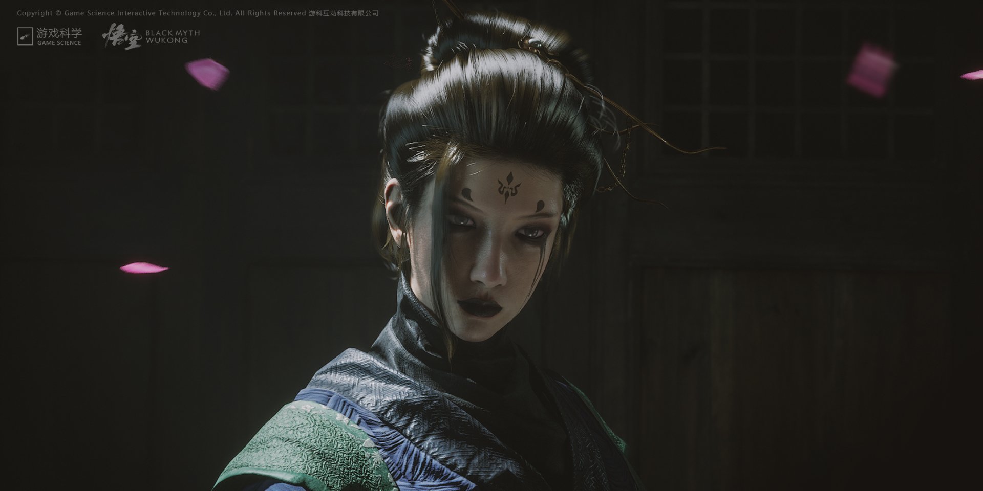 HD desktop wallpaper featuring a mystical character from the video game Black Myth: Wukong, set against a dark backdrop with pink petals.