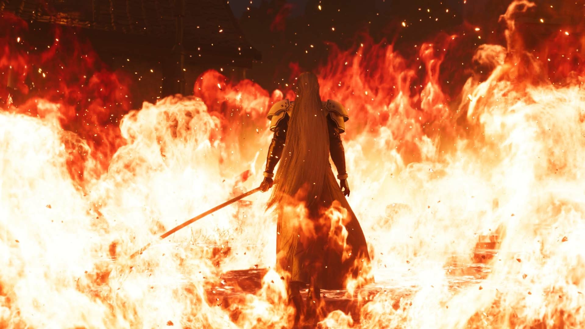 HD desktop wallpaper featuring a character from Final Fantasy VII Rebirth standing amidst flames for video game enthusiasts.