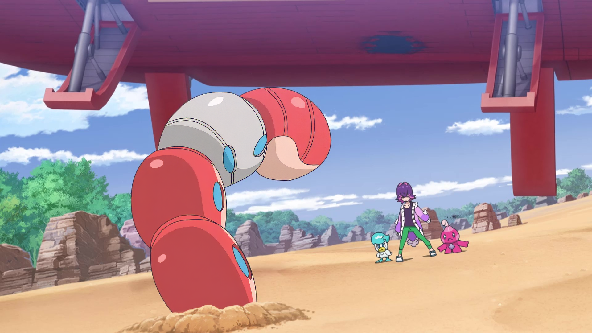 HD wallpaper from Pokémon Horizons: The Series featuring characters and Pokémon under a traditional archway.