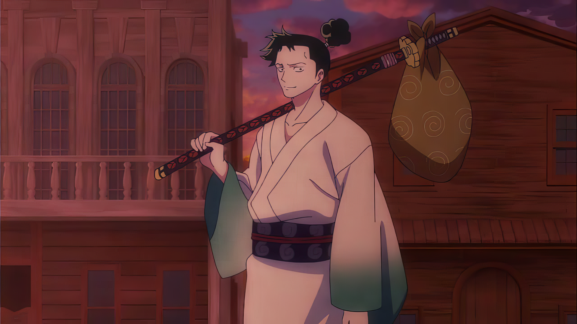 Anime character Ryuma from One Piece standing with a sword on his shoulder against a twilight background, HD desktop wallpaper.