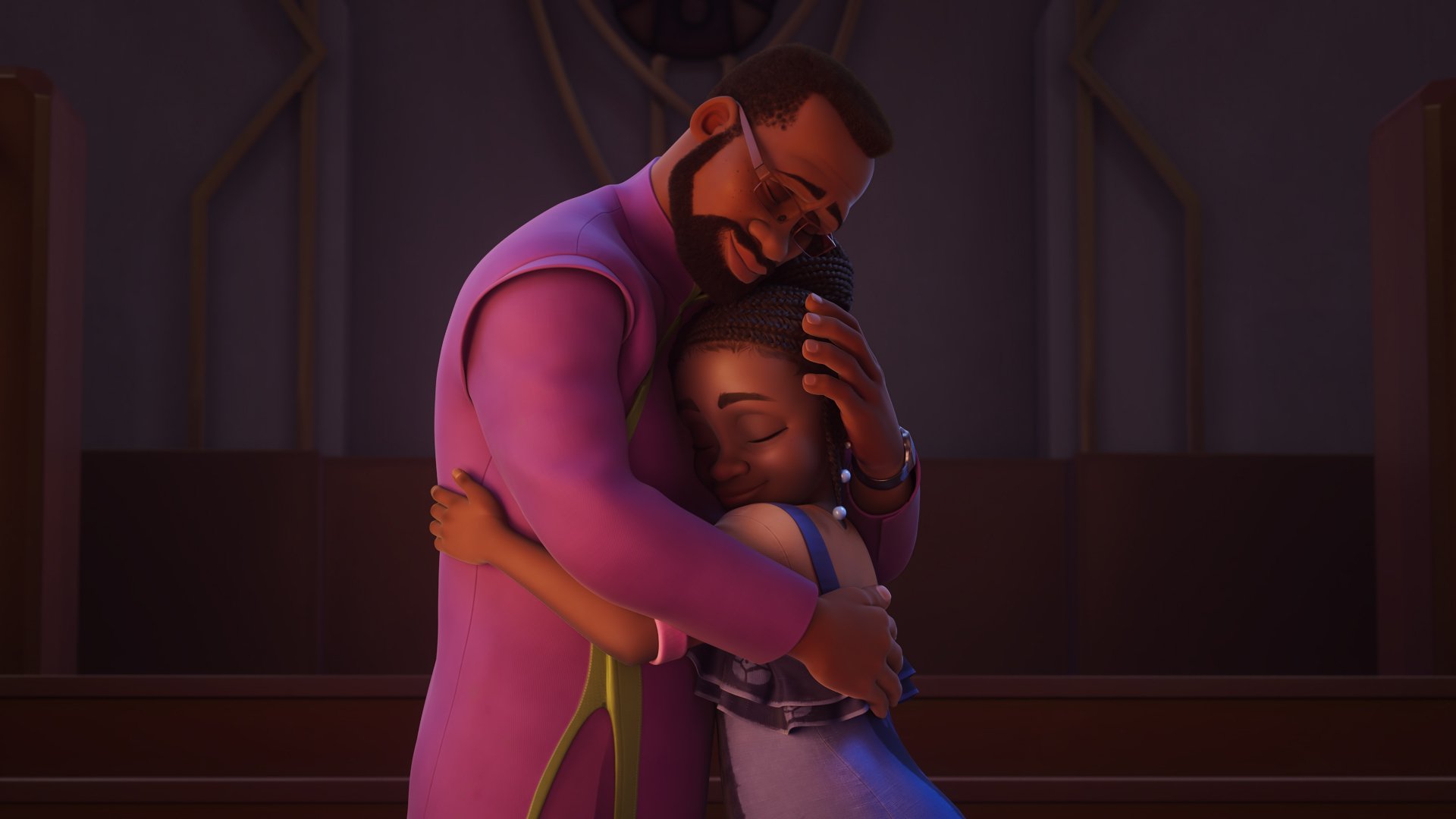 Emotional embrace scene from TV show Iwájú, available as a HD desktop wallpaper and background.