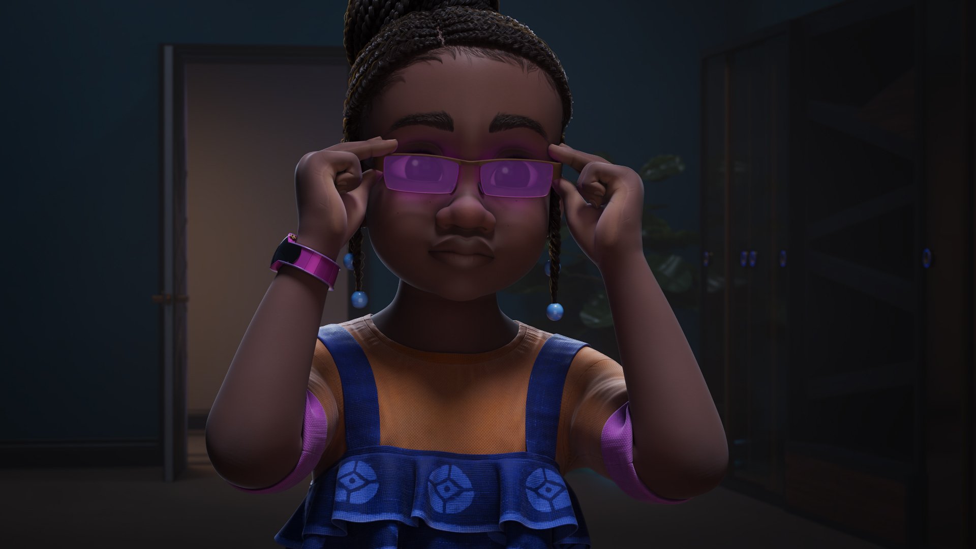 HD wallpaper of a character from the TV show Iwájú, featuring a young animated girl adjusting her purple glasses with a dusky room in the background.