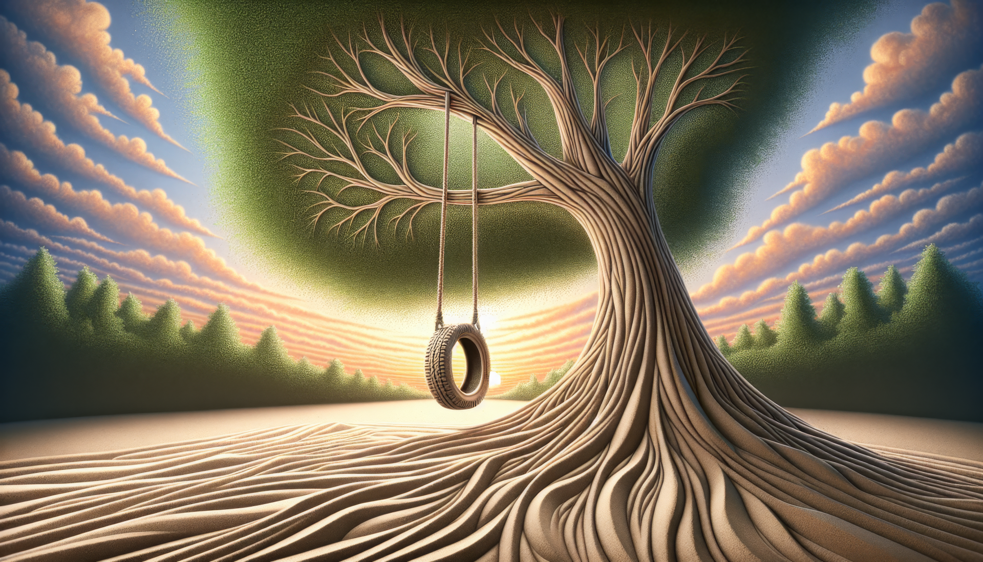 HD wallpaper of a tire swing hanging from a tree with stylized roots and a sunset sky background.