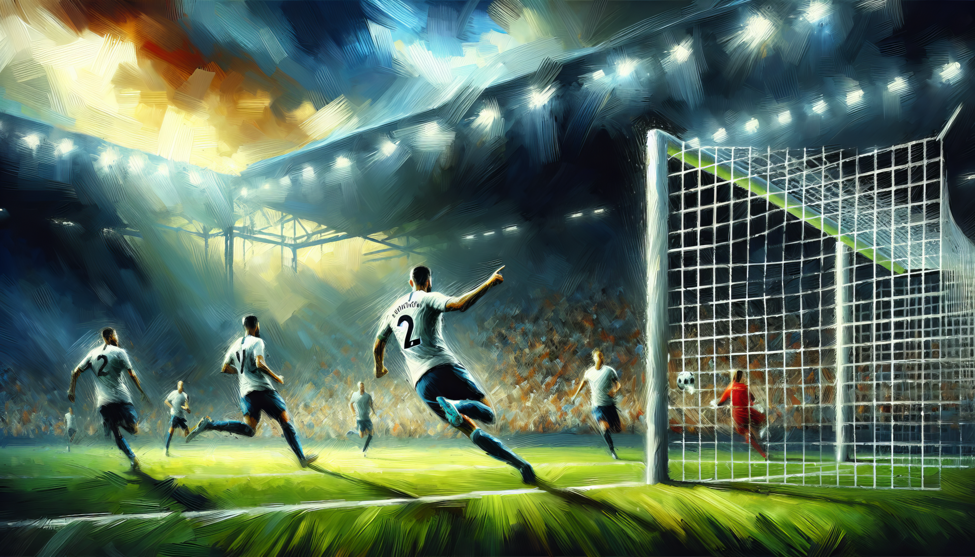 Dynamic HD desktop wallpaper featuring a football player scoring a goal with a team in an action-packed stadium setting.