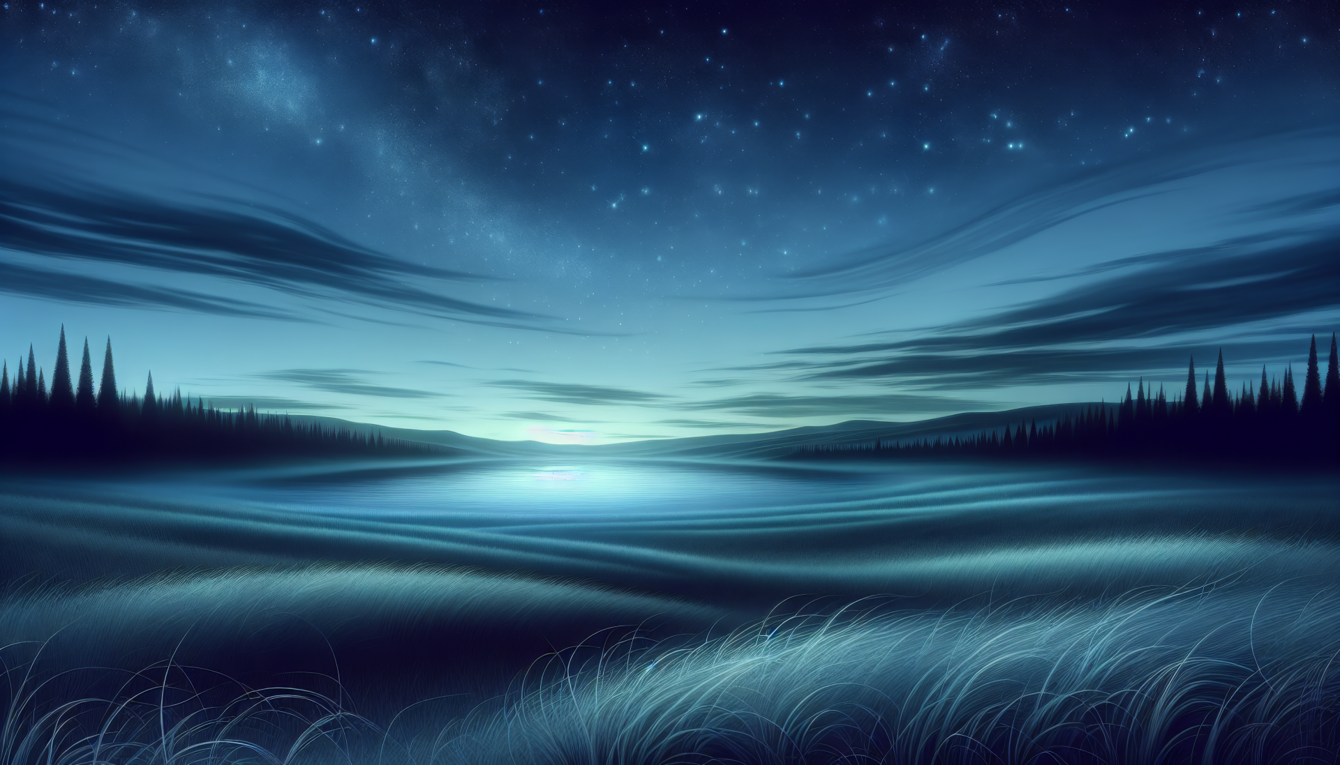 High-definition desktop wallpaper featuring a tranquil night landscape with starry sky and serene lake.