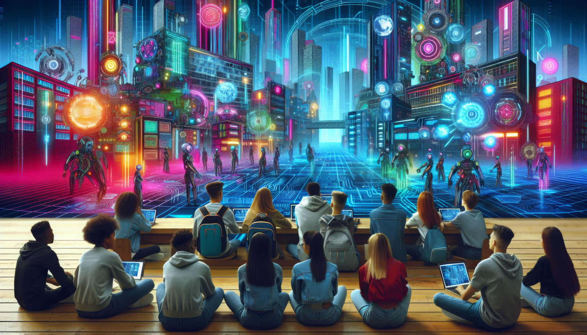 Students sitting in front of futuristic cityscape HD wallpaper, high school theme desktop background with vibrant neon colors and sci-fi elements.