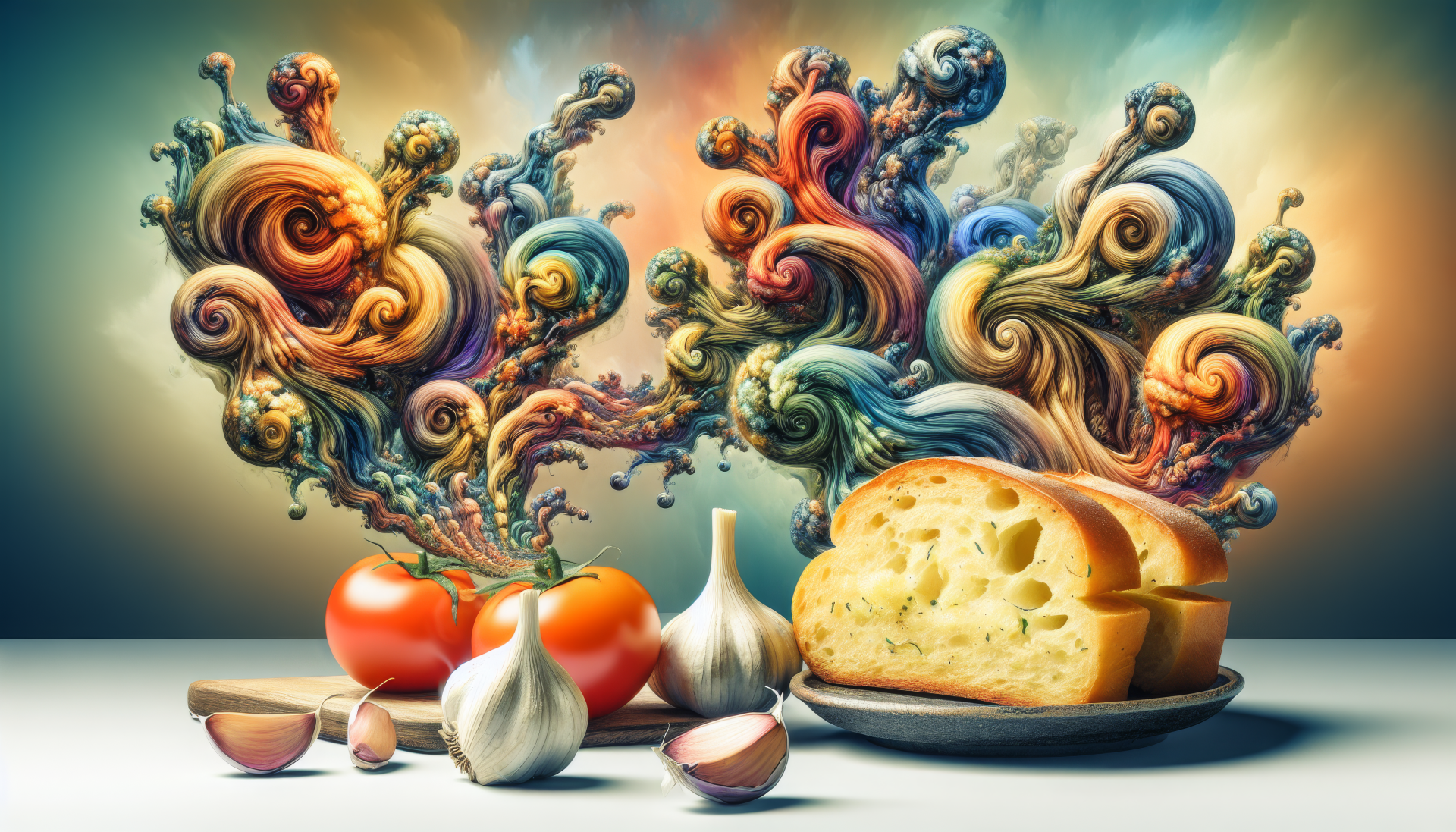 Surreal HD desktop wallpaper featuring garlic bread with garlic cloves and tomatoes, complemented by swirling, colorful abstract artwork in the background.