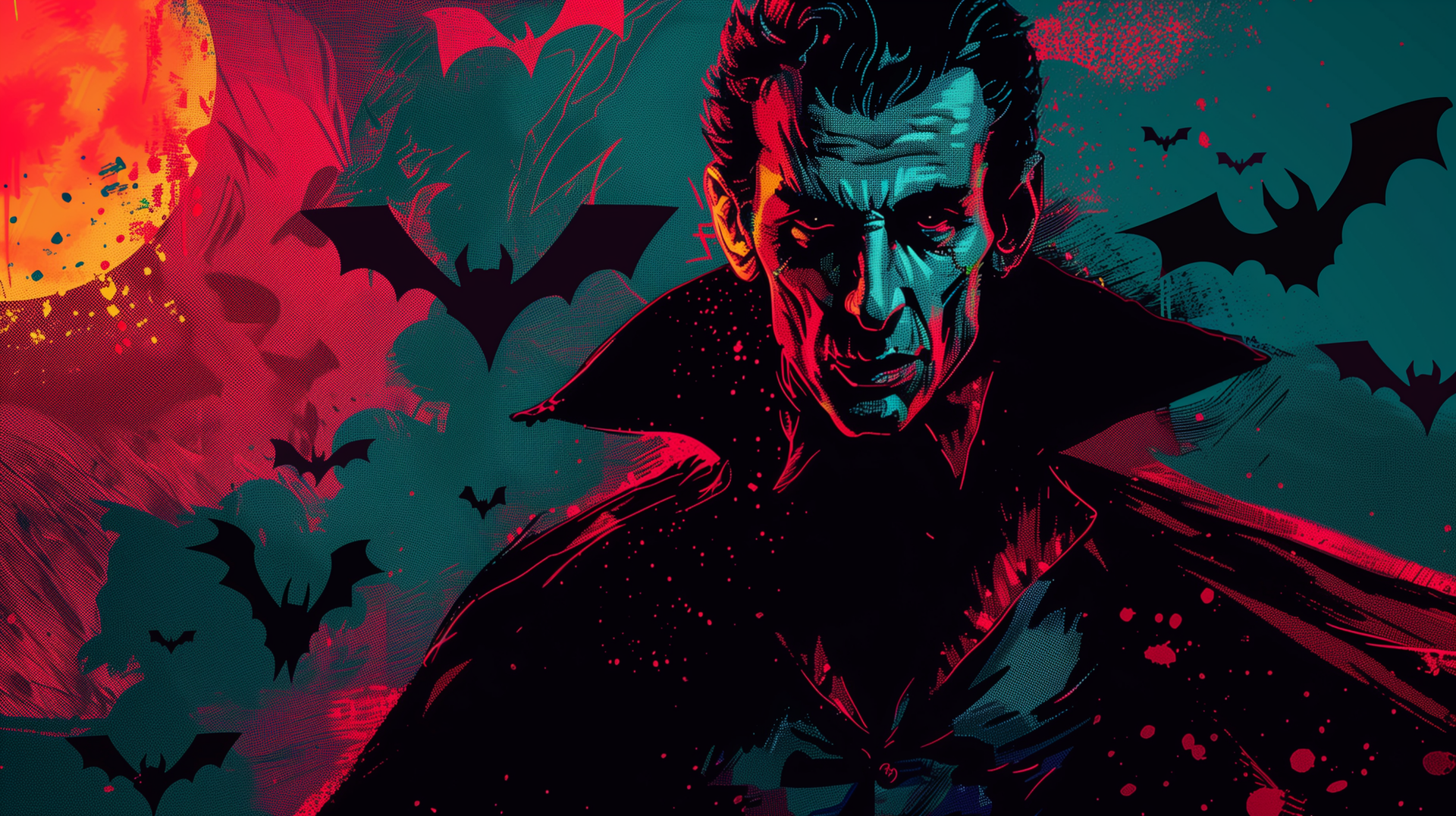 HD vampire-themed desktop wallpaper featuring a dramatic dark vampire figure with bats in the background.