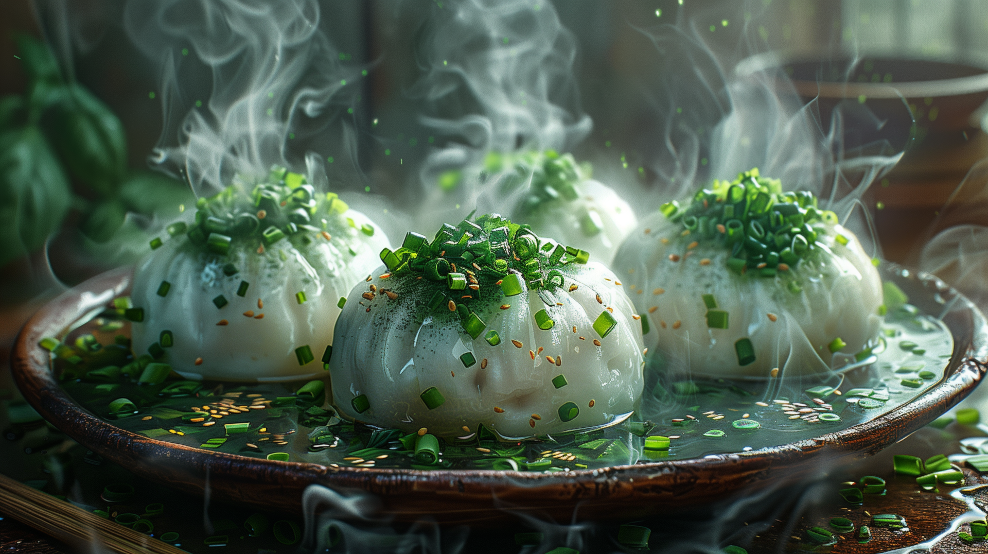 Steaming dumplings garnished with green onions on a plate with HD desktop wallpaper background.