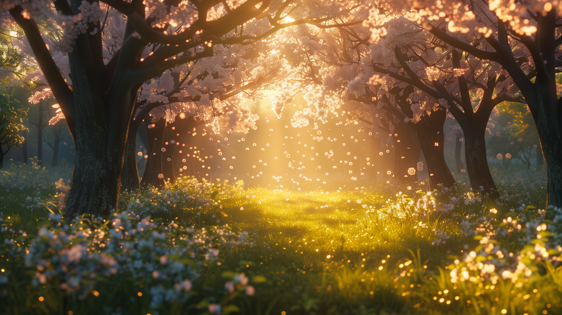 A serene spring scene featuring softly glowing cherry blossoms and vibrant wildflowers, creating an enchanting HD desktop wallpaper that captures the beauty of nature.