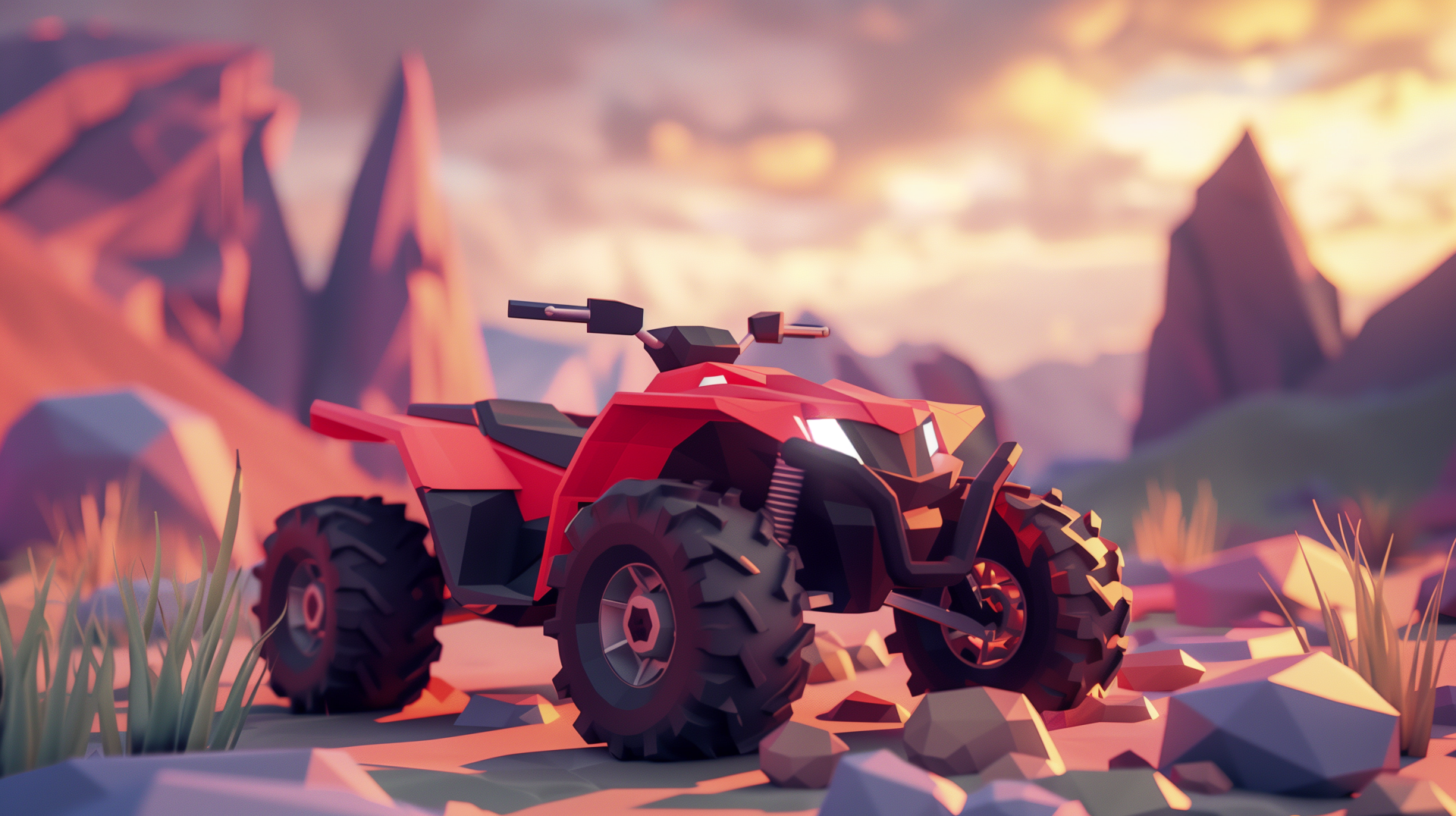 A vibrant HD desktop wallpaper featuring a striking red quad bike set against a rocky landscape and dramatic sunset, highlighting adventure and off-road excitement.