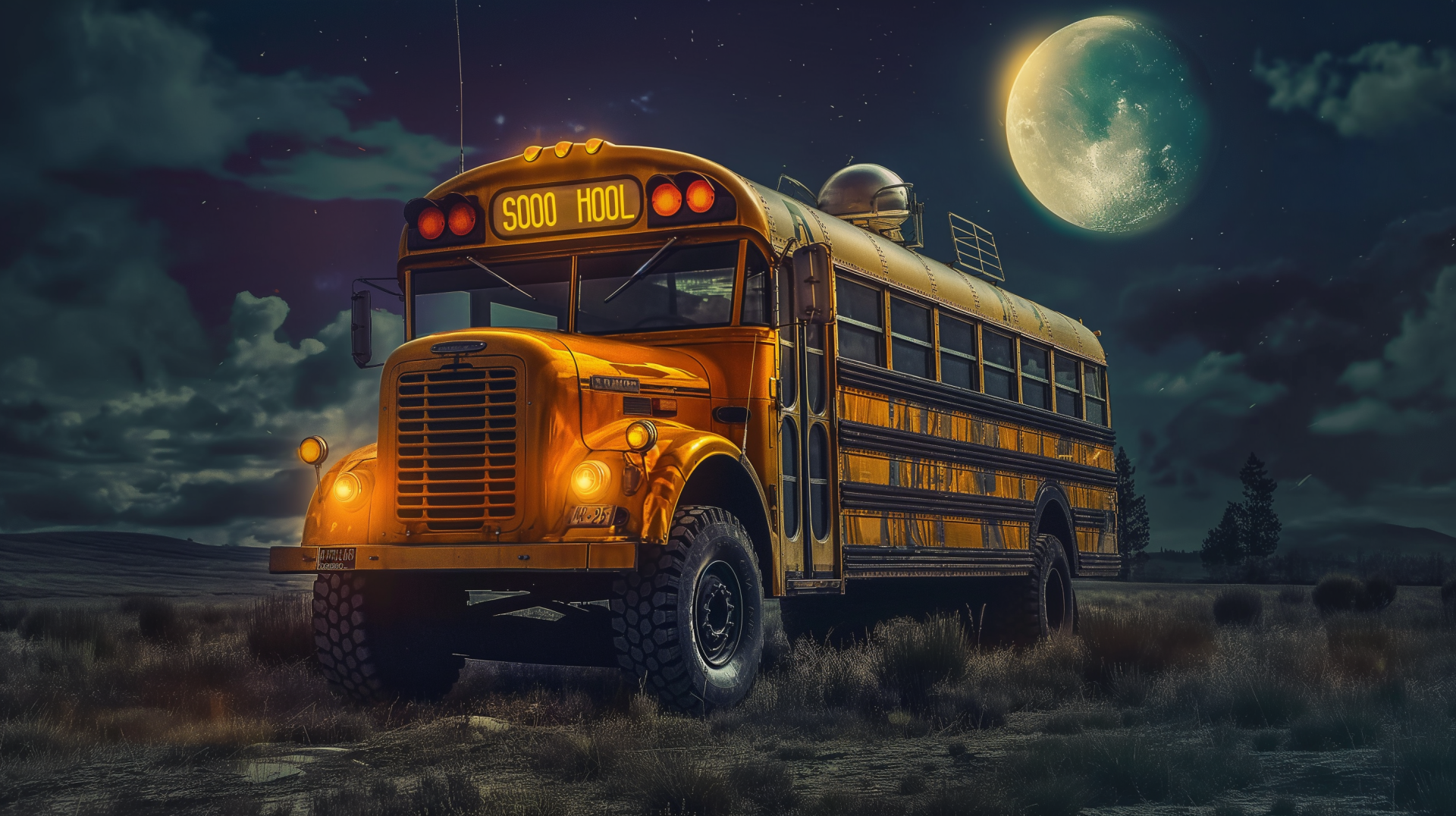 Vintage school bus on a moonlit night, HD wallpaper.