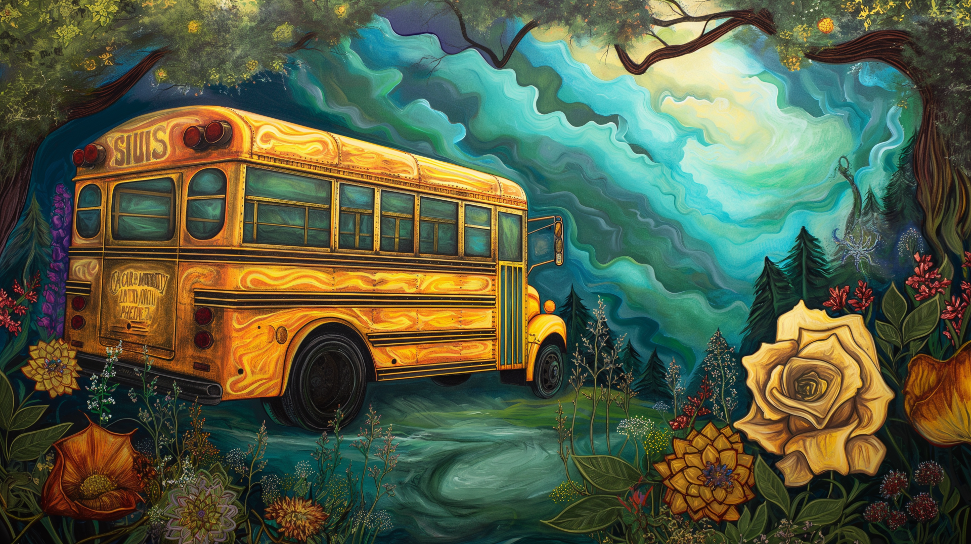 HD Wallpaper featuring an artistic depiction of a yellow school bus with vibrant nature and swirling sky background